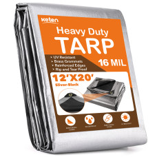 Keten Tarps Heavy Duty Waterproof 12X20 Feet, Extra Thick 16 Mil, Tear & Fade Resistant, 100% UV Blocking, Outdoor Tarp with Reinforced Grommets for Roof, Camping, Patio, Pool, Boat(Silver/Black)
